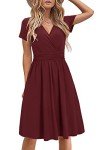 STYLEWORD Womens Summer Short Sleeve Dress Wrap V Neck Midi Sundress with Pockets A line Flare Work(Dark Red,L)
