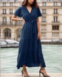 kinstell Women's 2024 Floral Summer Dress Wrap V Neck Short Sleeve Belted Ruffle Hem A-Line Bohemian Maxi Dresses, B-navy, Large