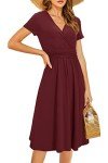 STYLEWORD Womens Summer Short Sleeve Dress Wrap V Neck Midi Sundress with Pockets A line Flare Work(Dark Red,L)