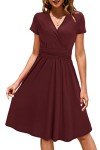 STYLEWORD Womens Summer Short Sleeve Dress Wrap V Neck Midi Sundress with Pockets A line Flare Work(Dark Red,L)