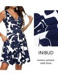 INIBUD Womens Summer Dress Wrap V-Neck Sleeveless Sundress Casual A Line Flare Tank Midi Dress with Pockets (Blue02,M)