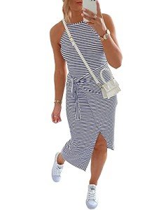 NOLLSOM Women Casual Sleeveless Striped Tank Midi Dresses Halter Neck Ruched Bodycon Dresses Tie Waist T Shirt Summer Dress, Striped Navy, Large