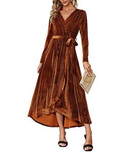 BerryGo Women's Velvet V Neck Wrap Semi Formal Dress Cocktail Party Maxi Dress for Wedding Guest, Y-velvet Long Sleeve Burnt Orange(faux Wrap), 4-6