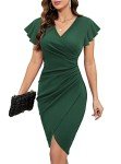 Machico Womens Formal Dresses Deep V Neck Short Sleeve Ruched Bodycon Wrap Dress Knee Length Business Work Cocktail Dresses Green Large