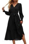 PRETTYGARDEN Women's Floral Print Boho Dress Long Sleeve Wrap V Neck Ruffle Belted A-Line Flowy Maxi Dresses (Solid Black,Large)