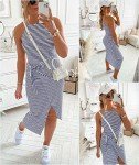 NOLLSOM Women Casual Sleeveless Striped Tank Midi Dresses Halter Neck Ruched Bodycon Dresses Tie Waist T Shirt Summer Dress, Striped Navy, Large