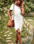 Zilcremo Women's Summer Tie Waist Ribbed Midi Dress Short Sleeve Irregular Hem Bodycon Dresses White S