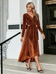 BerryGo Women's Velvet V Neck Wrap Semi Formal Dress Cocktail Party Maxi Dress for Wedding Guest, Y-velvet Long Sleeve Burnt Orange(faux Wrap), 4-6