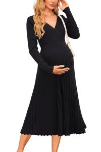 OUGES Womens Fall Long Sleeve Black Sweater Dress for Women Wrap V Neck Wedding Guest Dress Pleated Cocktail Party Midi Work Dress Fall Winter Outfits Trendy 2024(Black,L)