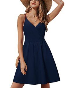 STYLEWORD Womens V Neck Summer Dresses Casual Flowy Homecoming Teen Cocktail Graduation Wrap Sundress (Navy-429,M)