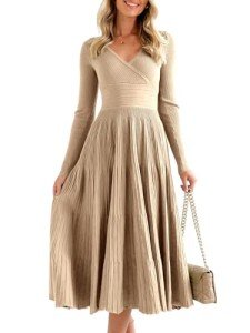 Saodimallsu Womens Long Sleeve Midi Sweater Dress Wrap V Neck Pleated A Line Fit Flare Elegant Knit Maxi Dress, Khaki, Medium