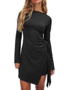 ABINGOO Women Long Sleeve Crew Neck Mini Dress Slim Fit Wrap Tie Waist Ruched Bodycon Mini Dress Fall Party Club Dresses Black S