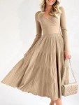 Saodimallsu Womens Long Sleeve Midi Sweater Dress Wrap V Neck Pleated A Line Fit Flare Elegant Knit Maxi Dress, Khaki, Medium