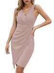 oten Women's Sleeveless Deep V Neck Ruched Faux Wrap Wedding Guest Dresses Sheath Knee-Length Formal Cocktail Dress with Asymmetrical Hem Nude Pink M