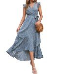 BTFBM Women Summer Dresses 2024 Ruffle Cap Sleeve V Neck Belt Wrap Split Boho Floral Long Casual Party Beach Maxi Dress, Floral Blue, Medium
