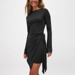 ABINGOO Women Long Sleeve Crew Neck Mini Dress Slim Fit Wrap Tie Waist Ruched Bodycon Mini Dress Fall Party Club Dresses Black S