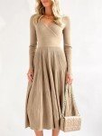 Saodimallsu Womens Long Sleeve Midi Sweater Dress Wrap V Neck Pleated A Line Fit Flare Elegant Knit Maxi Dress, Khaki, Medium