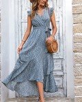BTFBM Women Summer Dresses 2024 Ruffle Cap Sleeve V Neck Belt Wrap Split Boho Floral Long Casual Party Beach Maxi Dress, Floral Blue, Medium