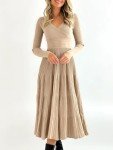 Saodimallsu Womens Long Sleeve Midi Sweater Dress Wrap V Neck Pleated A Line Fit Flare Elegant Knit Maxi Dress, Khaki, Medium
