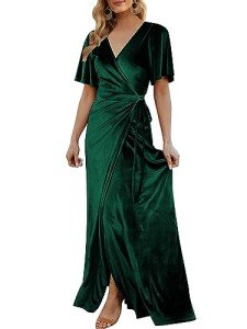 CYiNu Women's Wrap Velvet Maxi Dress V Neck Bell Sleeve Split Elegant Cocktail Party Dress, Green, Medium