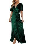 CYiNu Women's Wrap Velvet Maxi Dress V Neck Bell Sleeve Split Elegant Cocktail Party Dress, Green, Medium