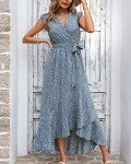 BTFBM Women Summer Dresses 2024 Ruffle Cap Sleeve V Neck Belt Wrap Split Boho Floral Long Casual Party Beach Maxi Dress, Floral Blue, Medium