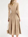 Saodimallsu Womens Long Sleeve Midi Sweater Dress Wrap V Neck Pleated A Line Fit Flare Elegant Knit Maxi Dress, Khaki, Medium