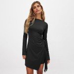 ABINGOO Women Long Sleeve Crew Neck Mini Dress Slim Fit Wrap Tie Waist Ruched Bodycon Mini Dress Fall Party Club Dresses Black S
