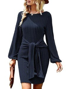 Hotouch Womens Casual Fall Dress Tie Waist Dress Plus Size Rib Knit Bodycon Dress Long Sleeve Dresses for Women Knee Length Dresses Navy Blue XX-Large