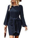 Hotouch Womens Casual Fall Dress Tie Waist Dress Plus Size Rib Knit Bodycon Dress Long Sleeve Dresses for Women Knee Length Dresses Navy Blue XX-Large