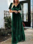 CYiNu Women's Wrap Velvet Maxi Dress V Neck Bell Sleeve Split Elegant Cocktail Party Dress, Green, Medium