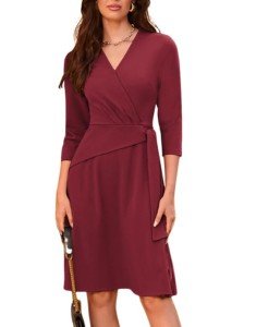 GRACE KARIN Cocktail Dress for Women 2024 Fall V Neck Wrap Hide Tummy 4/3 Sleeve Party Dress with Sleeve Wine L