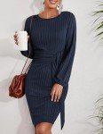 Hotouch Womens Casual Fall Dress Tie Waist Dress Plus Size Rib Knit Bodycon Dress Long Sleeve Dresses for Women Knee Length Dresses Navy Blue XX-Large