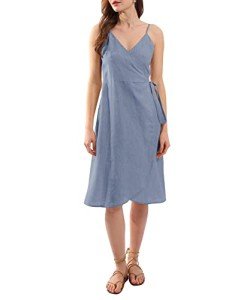 Amazhiyu Women's Pure Linen Summer Midi Wrap Dress V Neck Spaghetti Strap Dress Denim,Medium