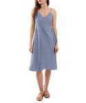 Amazhiyu Women's Pure Linen Summer Midi Wrap Dress V Neck Spaghetti Strap Dress Denim,Medium