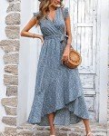 BTFBM Women Summer Dresses 2024 Ruffle Cap Sleeve V Neck Belt Wrap Split Boho Floral Long Casual Party Beach Maxi Dress, Floral Blue, Medium