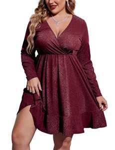 IN'VOLAND Women's Plus Size Surplice Neck Glitter Dress Long Sleeve Wrap Short Cocktail Party Dress Wine Red