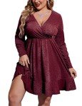 IN'VOLAND Women's Plus Size Surplice Neck Glitter Dress Long Sleeve Wrap Short Cocktail Party Dress Wine Red