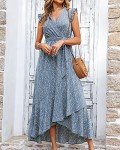 BTFBM Women Summer Dresses 2024 Ruffle Cap Sleeve V Neck Belt Wrap Split Boho Floral Long Casual Party Beach Maxi Dress, Floral Blue, Medium