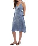 Amazhiyu Women's Pure Linen Summer Midi Wrap Dress V Neck Spaghetti Strap Dress Denim,Medium