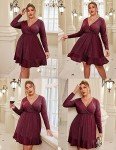 IN'VOLAND Women's Plus Size Surplice Neck Glitter Dress Long Sleeve Wrap Short Cocktail Party Dress Wine Red