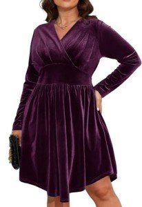 D.Q.RZhong Women’s Plus Size V Neck Velvet Dress Long Sleeve Wrap Empire Waist Midi Dress for Wedding Guest Purple 2XL