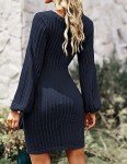 Hotouch Womens Casual Fall Dress Tie Waist Dress Plus Size Rib Knit Bodycon Dress Long Sleeve Dresses for Women Knee Length Dresses Navy Blue XX-Large
