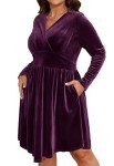 D.Q.RZhong Women’s Plus Size V Neck Velvet Dress Long Sleeve Wrap Empire Waist Midi Dress for Wedding Guest Purple 2XL