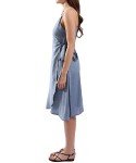 Amazhiyu Women's Pure Linen Summer Midi Wrap Dress V Neck Spaghetti Strap Dress Denim,Medium