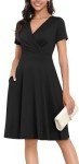 LAOLASI Womens Summer Short Sleeve Casual Dress V-Neck Wrap Waist Wedding Guest Midi Dresses with Pockets,Black,2XL