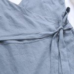 Amazhiyu Women's Pure Linen Summer Midi Wrap Dress V Neck Spaghetti Strap Dress Denim,Medium