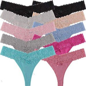10 Pack Cotton Thongs with Lace Trim for Women