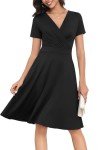 LAOLASI Womens Summer Short Sleeve Casual Dress V-Neck Wrap Waist Wedding Guest Midi Dresses with Pockets,Black,2XL