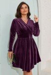 D.Q.RZhong Women’s Plus Size V Neck Velvet Dress Long Sleeve Wrap Empire Waist Midi Dress for Wedding Guest Purple 2XL